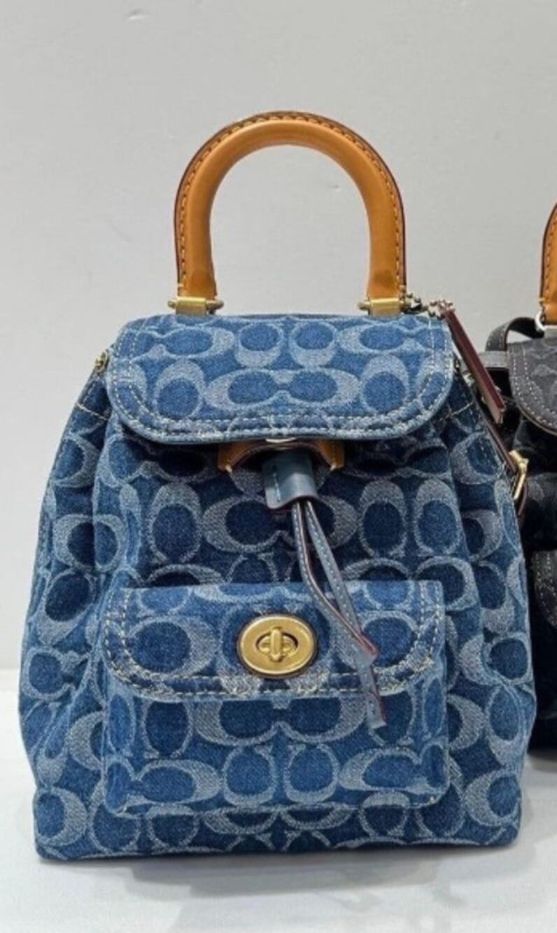 Coach Riya Signature Denim Backpack 21 Blue with Leather Top Handle